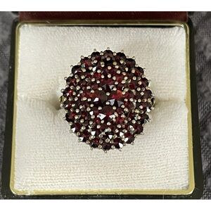 Vtg Czech 900 Silver Gilt Bohemian Pyrope Garnet Oval Tiered Cluster Ring Sz7.5